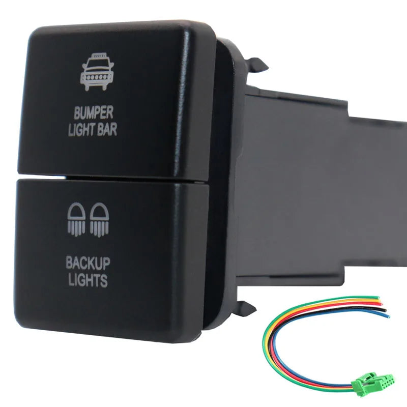 12V Dual Push Button Switch ON-Off Blue/Green Backlit 32.5mm X 22mm for Toyota 4Runner Hilux Prado RAV4, with Connector Wire