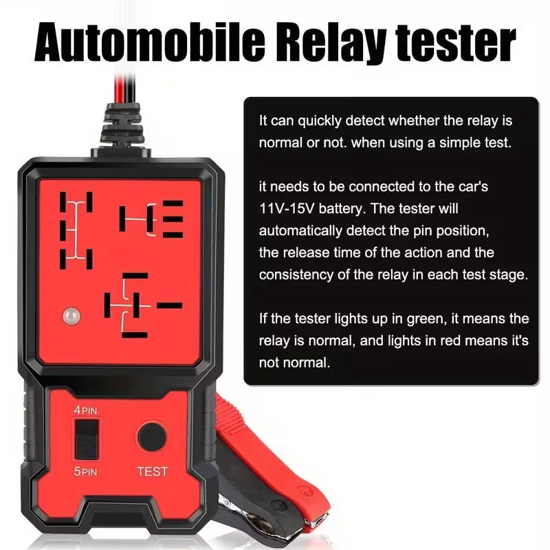 Compact 12V Automotive Relay Tester with Battery Clamp - Easy-To-Use 4-Pin and 5-Pin Relay Tester with Clear Terminal Display, Spdt Switch and Copper Contacts, Hard-Wired/Battery-Powered (Battery Not Included), Suitable for E