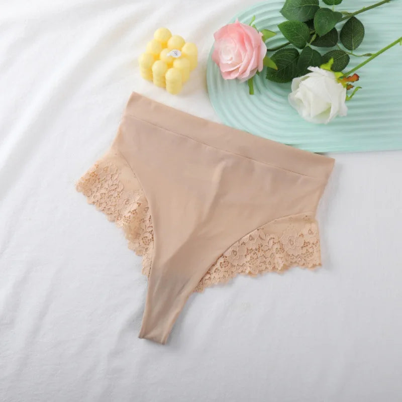 Women's High Waist Panties Sexy Underpants Spliced Lace Lingerie Bowknot Cotton Crotch Thongs Perspective Solid Color Underwear