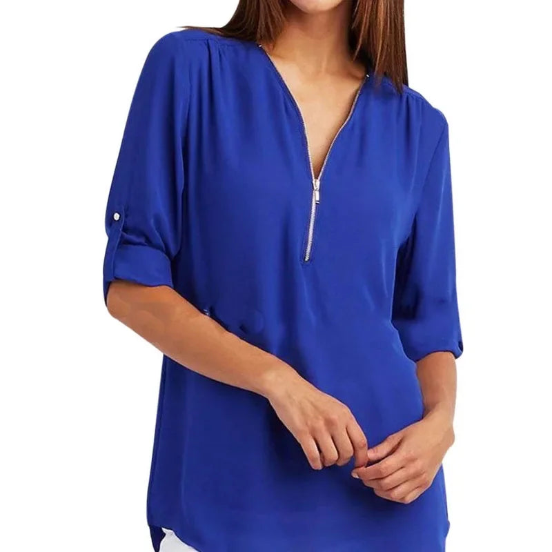 Customizable Women Blouse Zipped Rolled Sleeve Blouse Tailor-made T-Shirts CS6611