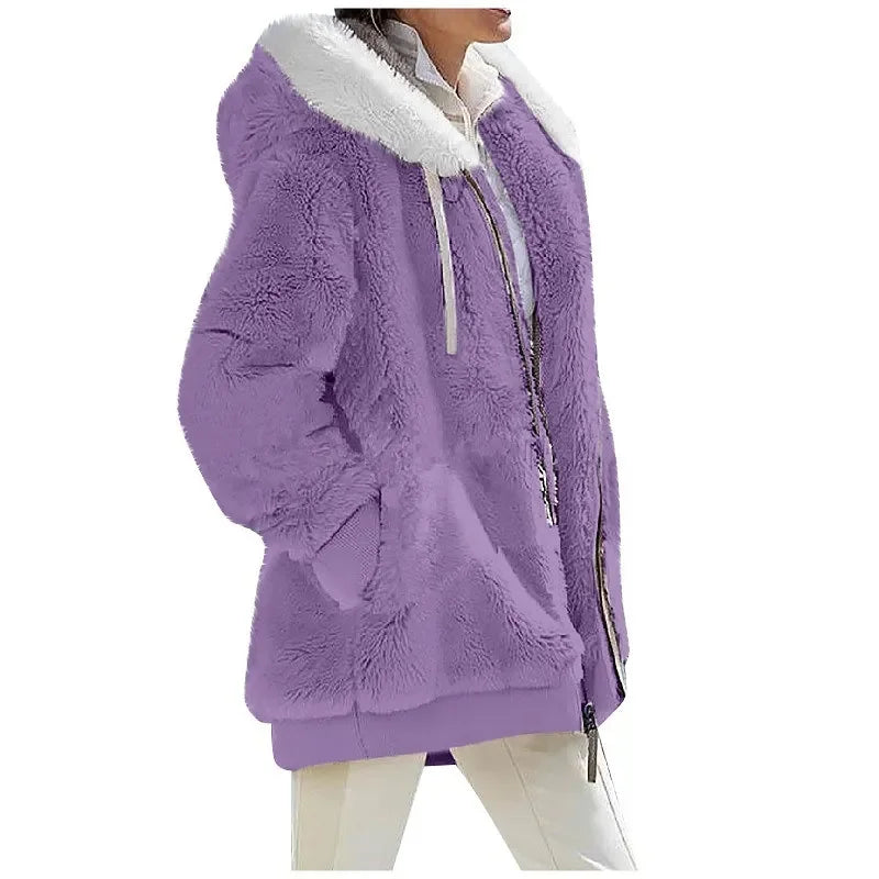 Women's Hooded Fleece Zip Jacket, Casual Winter Coat