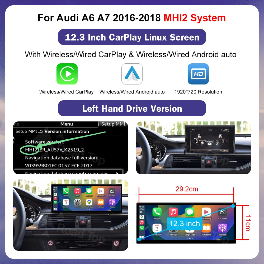 Road Top 12.3" Multimedia Screen for Audi A6 C6/C7 & A7 (2011–2018) — Wireless CarPlay, GPS, Bluetooth