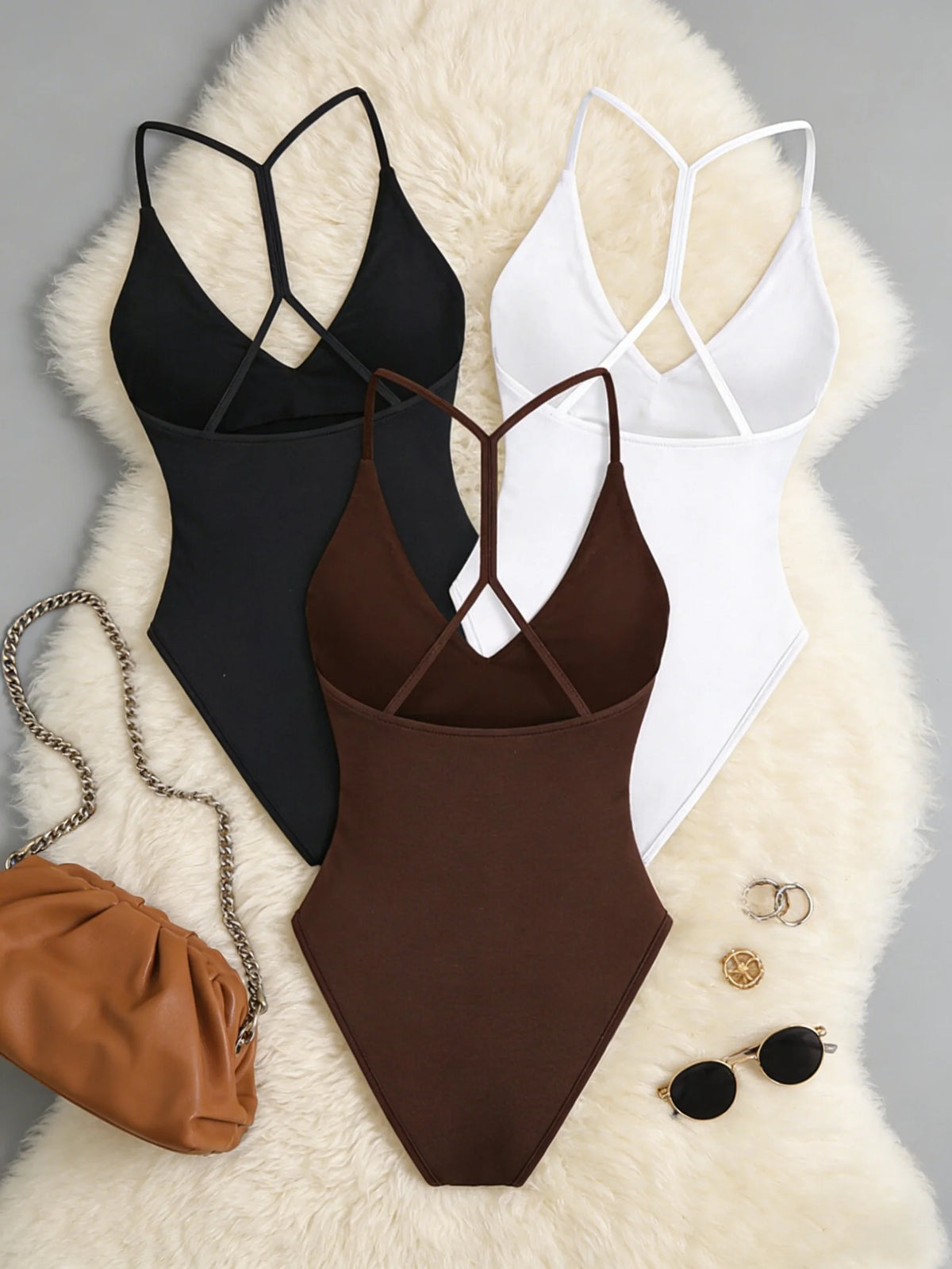 Women's V-neck criss-cross back bodysuit set — view 2 of 8
