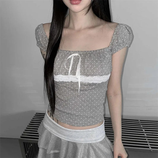 Women Summer Y2K Fairy Grunge Dots Lace Trim T-Shirts Short Sleeve Lace Patchwork Tee Tops Vinatge E-Girls Aesthetic Clothes