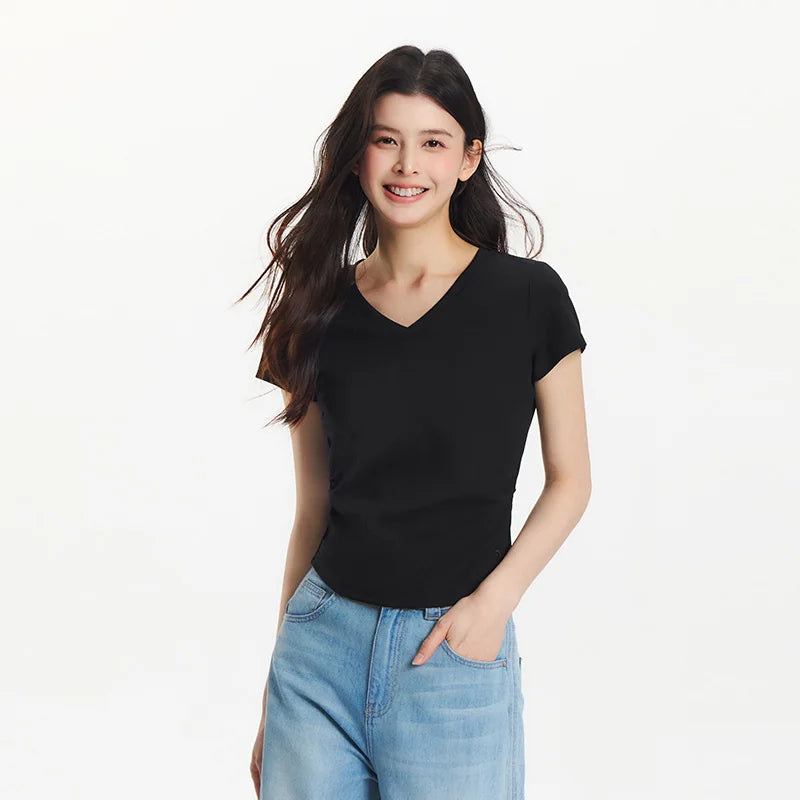 Semir Short Sleeve T-Shirt Women Cropped Slim Fit Shoulder Fit Design 2026 New Summer Embroidered Top Versatile for Chic Outfits