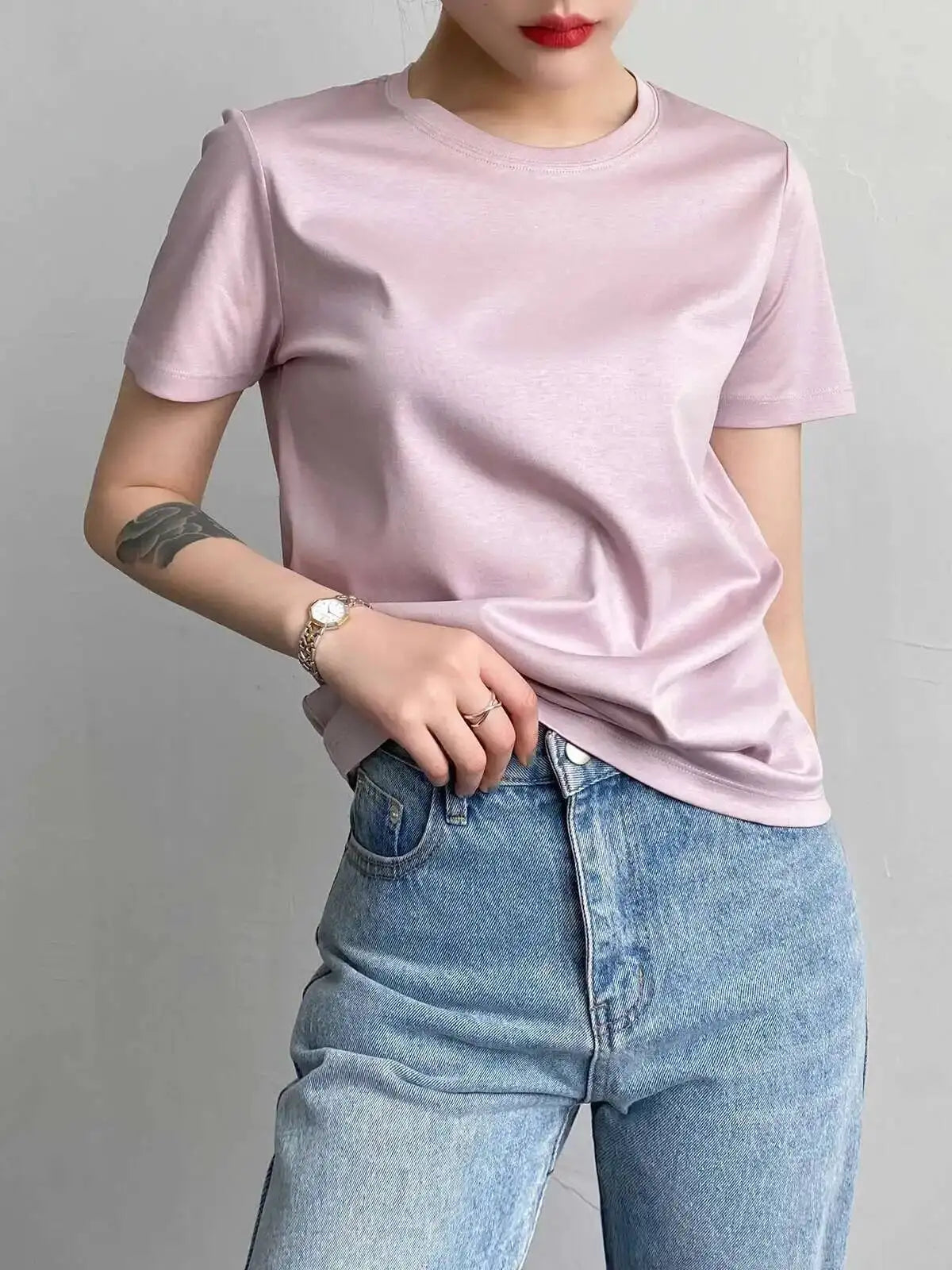 Women's Luxury Mulberry Silk Cotton T-Shirt – Loose Round Neck Short Sleeve Solid Basic Top