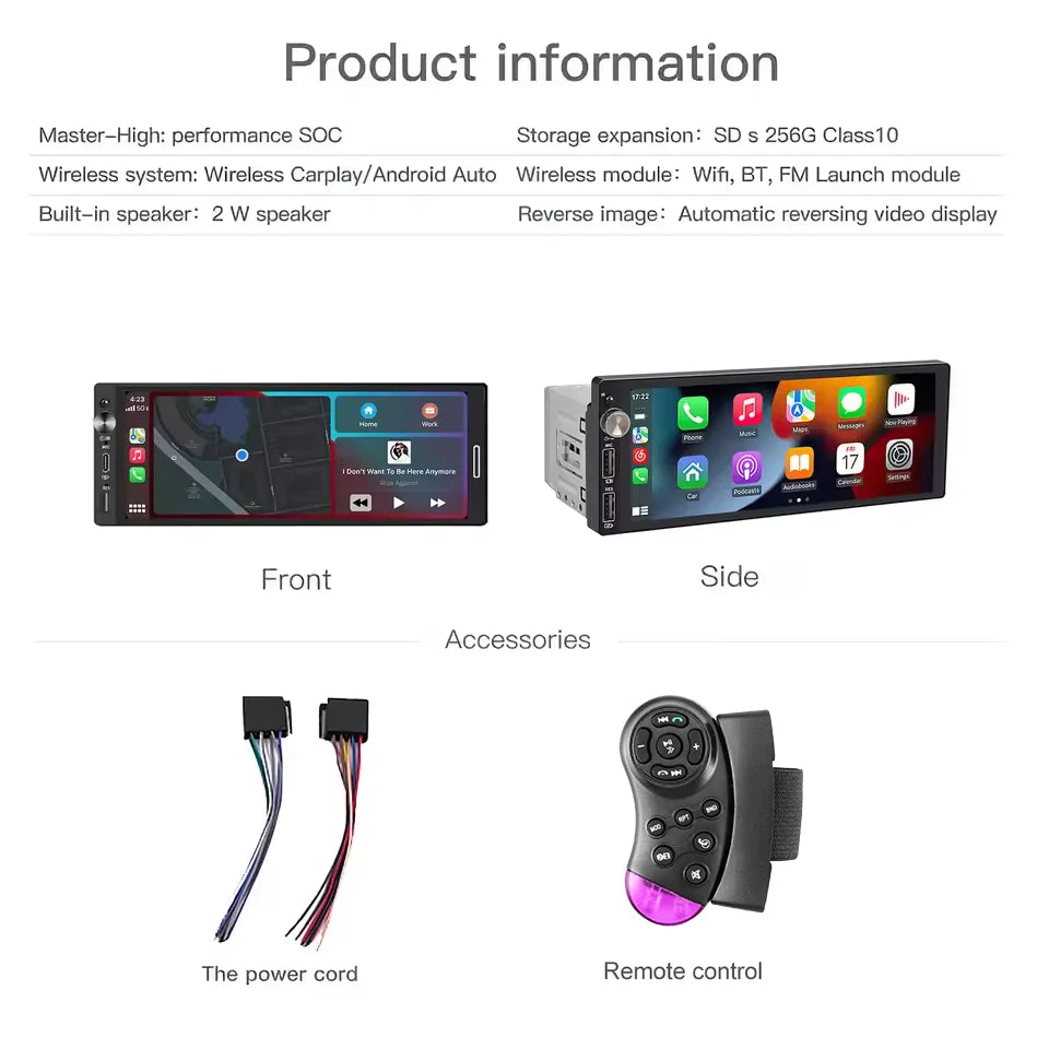 6.9" 1 DIN Universal Car Stereo with Apple CarPlay & Android Auto (MP5)