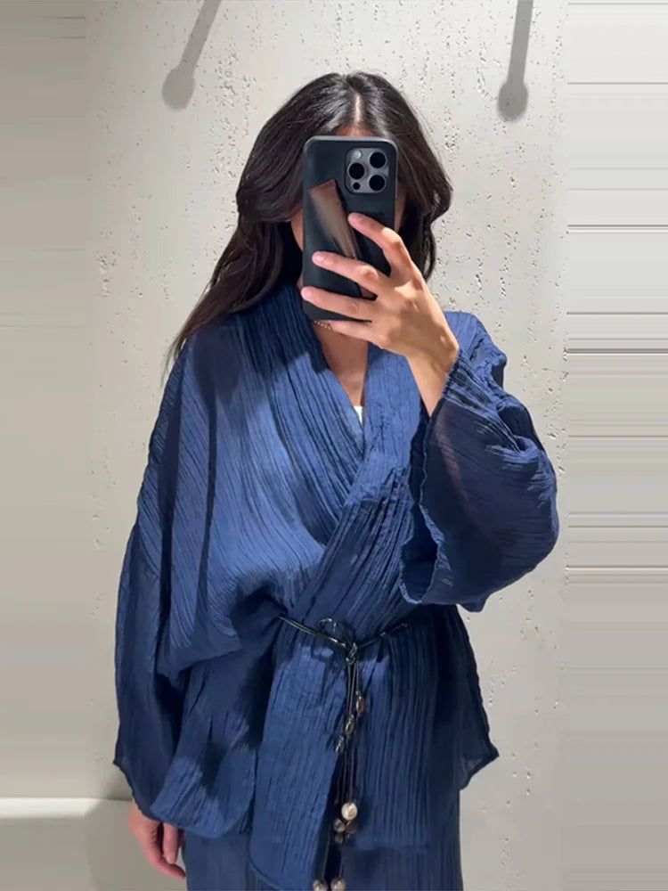 V-Neck Lace-Up Shirt & Wide-Leg Trousers Set — 2-Piece
