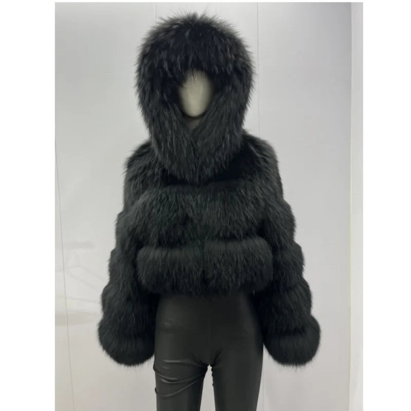 Women's Short Raccoon Fur Coat, Winter Jacket