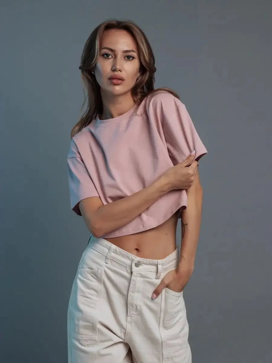 Hirsionsan 100% Cotton Short T Shirt Women 2024 New Y2k Summer Basic Vintage Tees Casual Loose Chic O Neck Female Crop Tops