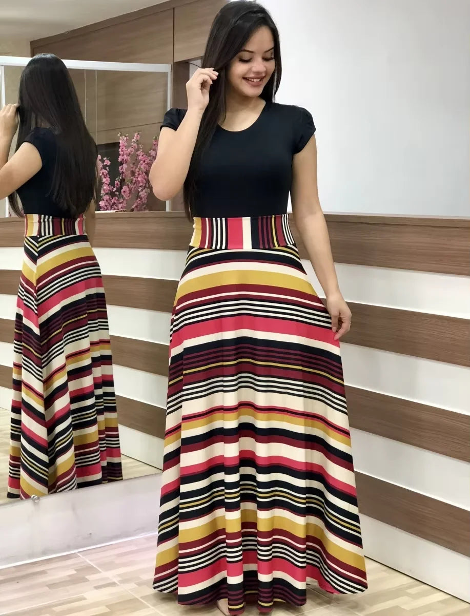 2025 European and American style flower print color matching short sleeved dress for women's large swing skirt