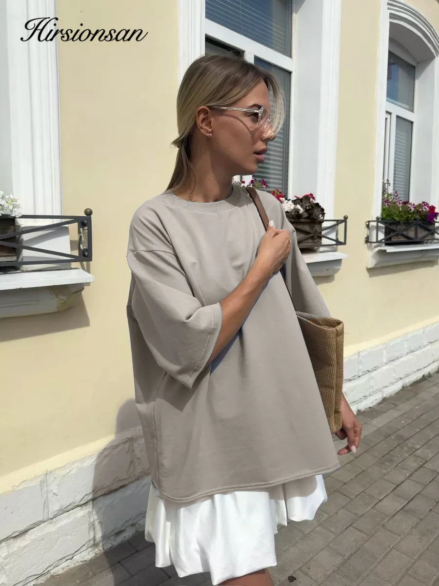 Hirsionsan Summer Casual Oversized T-shirts Women 100% Cotton Pink Loose Tees 2026 New Cusual Solid O Neck Female Aesthetic Tops