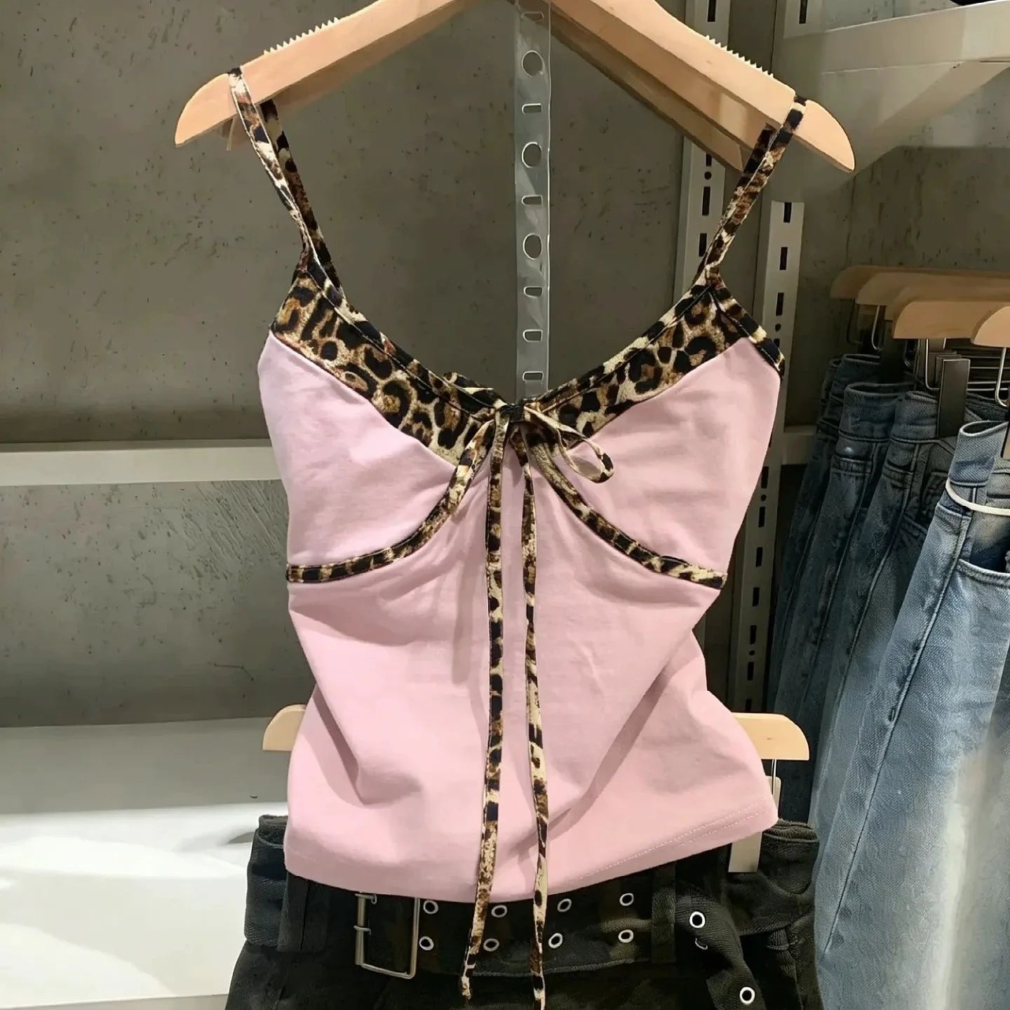 Women's Leopard Lace Cami — Y2K Patchwork Sleeveless Beach Tank Top
