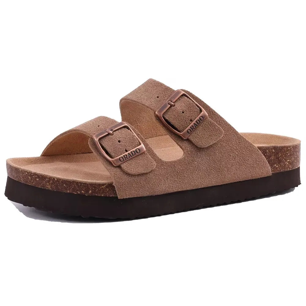 Crestar Women Cork Footbed Slippers Summer Couple Adjustable Double Buckles Flat Sandals Outdoor Cork Beach Slides With Open Toe