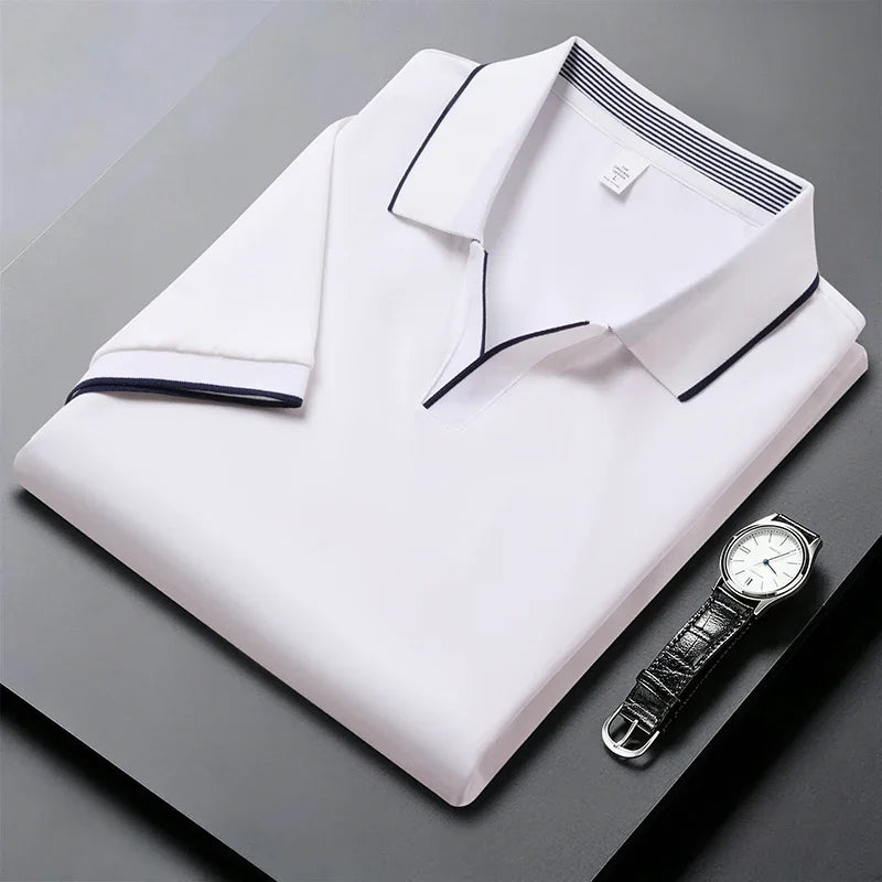 Men's Piping-Detail Polo - Soft Stretch, No-Button Placket