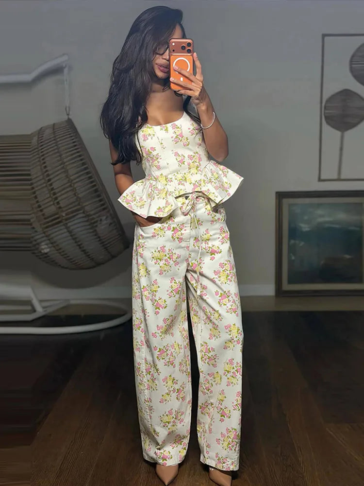 Elegant Printed Vest & Wide-Leg Pants Set — Women's 2-Piece