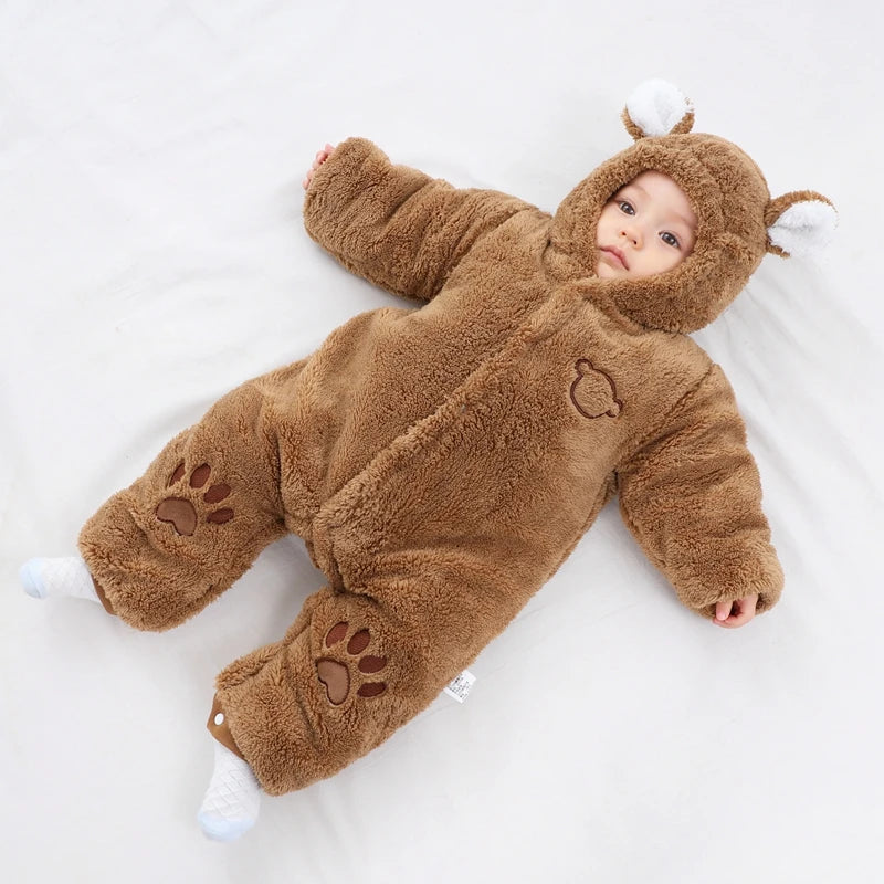 Baby Hooded Romper with Ears - Thick Winter Jumpsuit 0-24 Months - photo 5