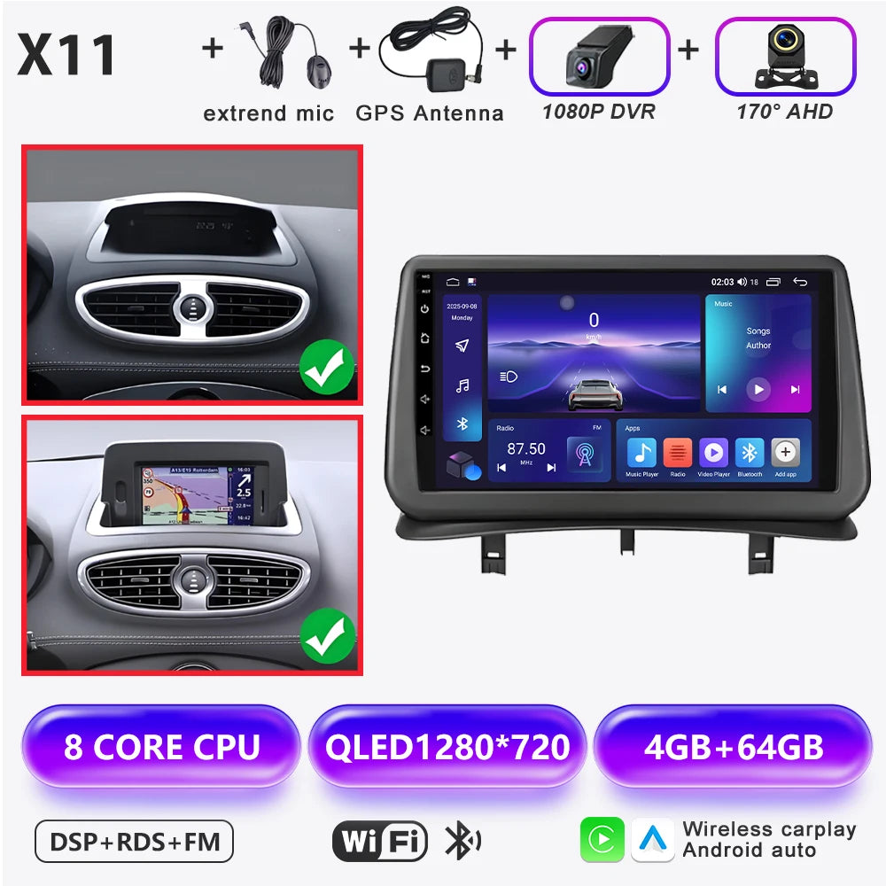Android 16 Auto Car Radio For Renault Clio 3 2005-2014 Wireless CarPlay 4G Multimedia Player Navigation GPS Autoradio BT No 2din