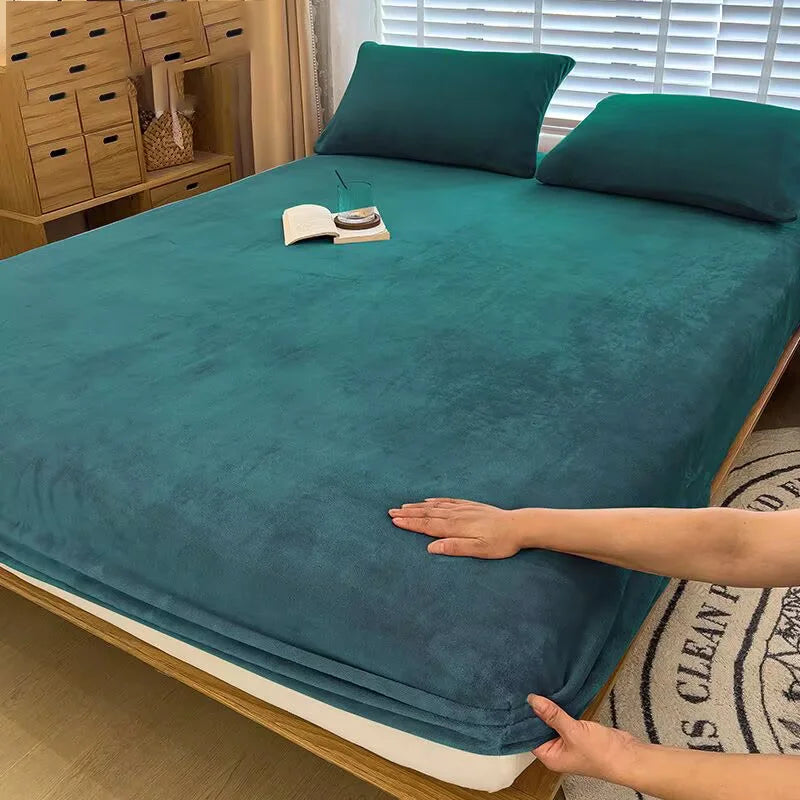 Soft warm plush fitted sheet elastic mattress cover fluffy coral fleece bed linen winter couple luxury double bed bedding﻿﻿