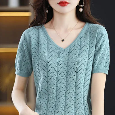 Women's T-shirt Summer New 100% Cotton Pullover Short Sleeve Casual Solid Women's Sweater Loose Fashion V-Neck Top T-shirt