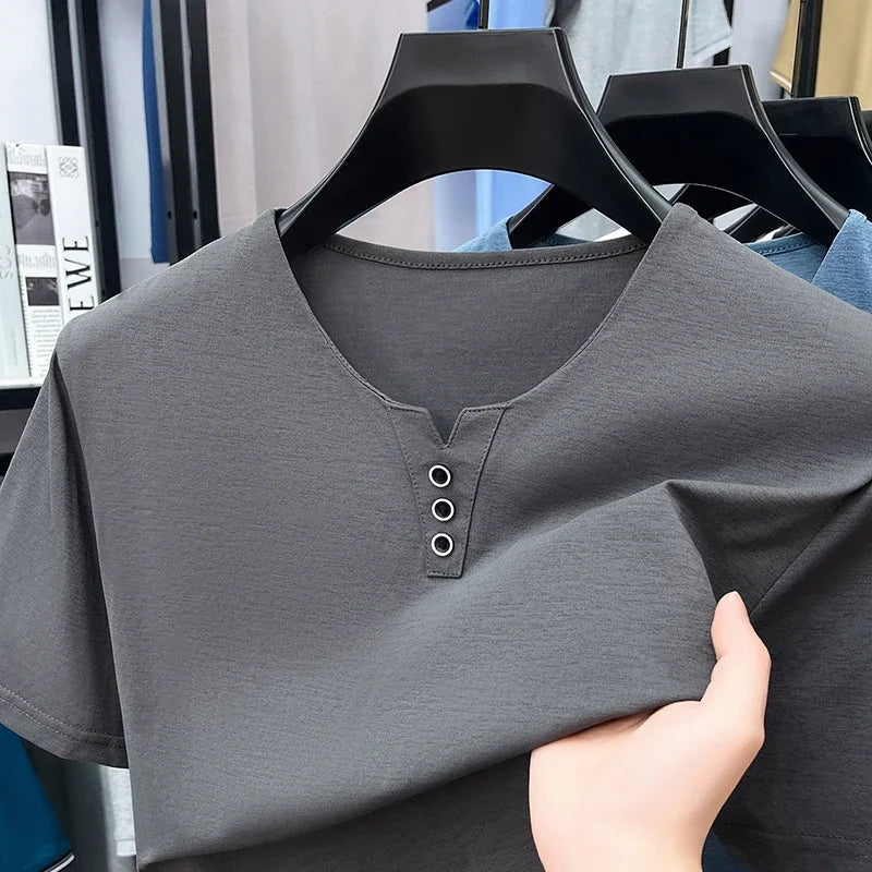 Men's Split V-Neck Tee - Three Metal Buttons, Breathable Slim Fit