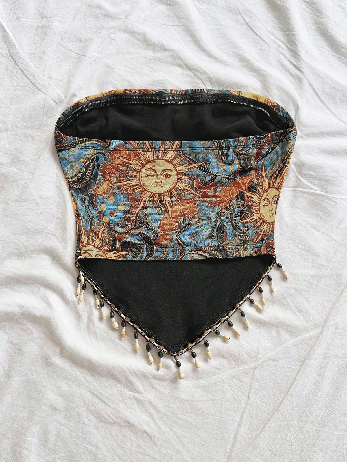 Women's beaded fringe printed mesh tube top — view 2 of 8