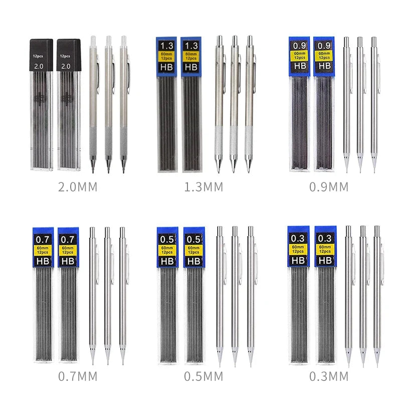 Full Metal Mechanical Pencil Set 0.3 0.5 0.7 0.9 1.3 2.0mm HB Automatic Pencil With Leads,for Art Drawing Writing Sketchin