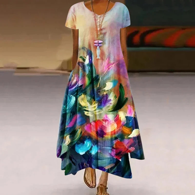Women's Dandelion-Print Dress - Short Sleeve, Casual Summer Midi