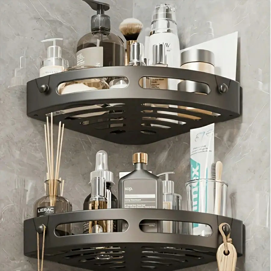1/2Pcs Wall Mounted Corner Rack: No-Drill Black Bathroom Shampoo Towel Holder