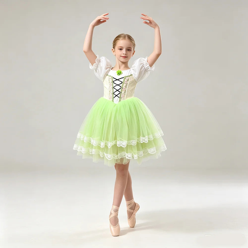 Girls green puff-sleeve ballet tutu dress