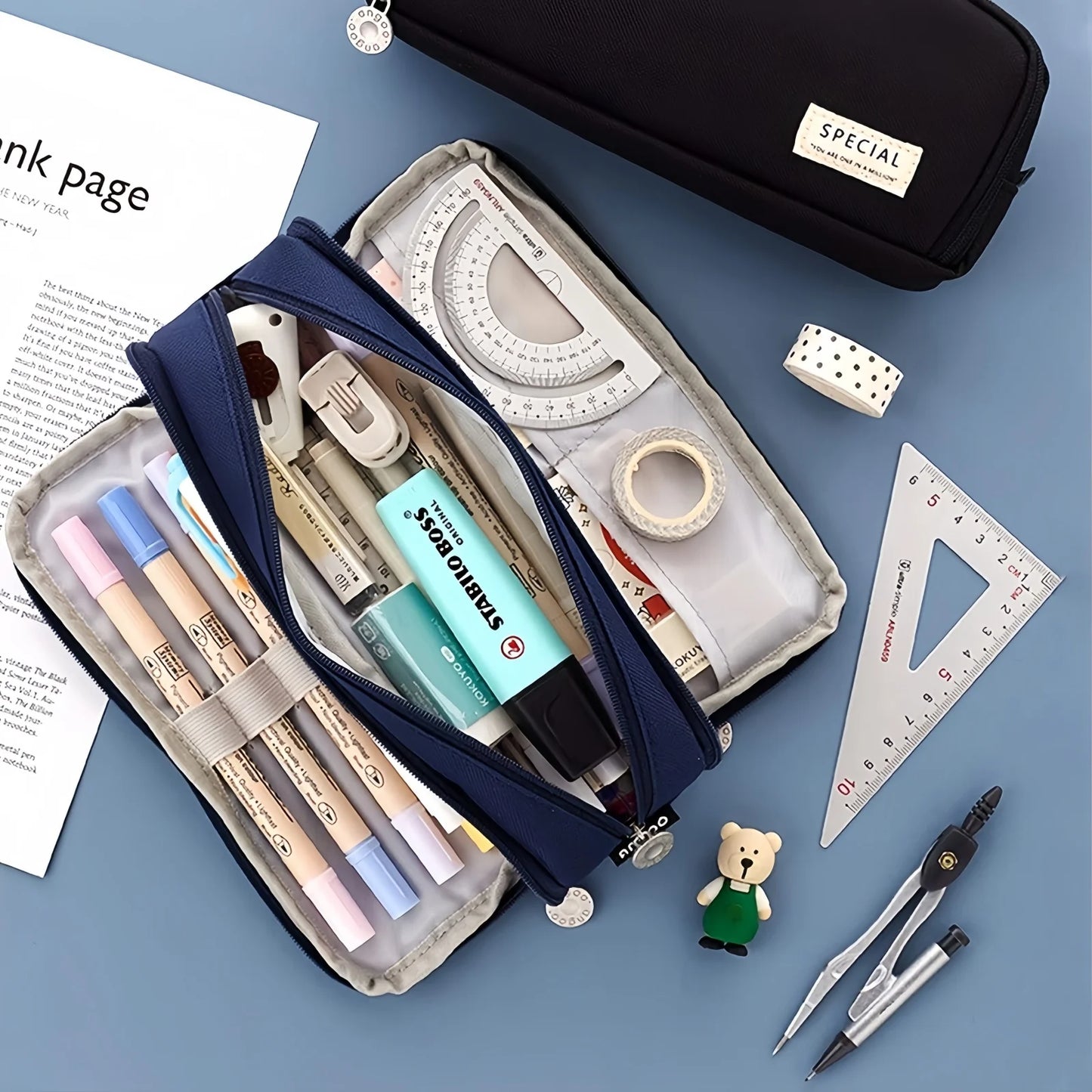 Large-Capacity Three-Layer Oxford Cloth Pencil Case with Versatile Functions, Suitable for Both Student and Office Scenarios.
