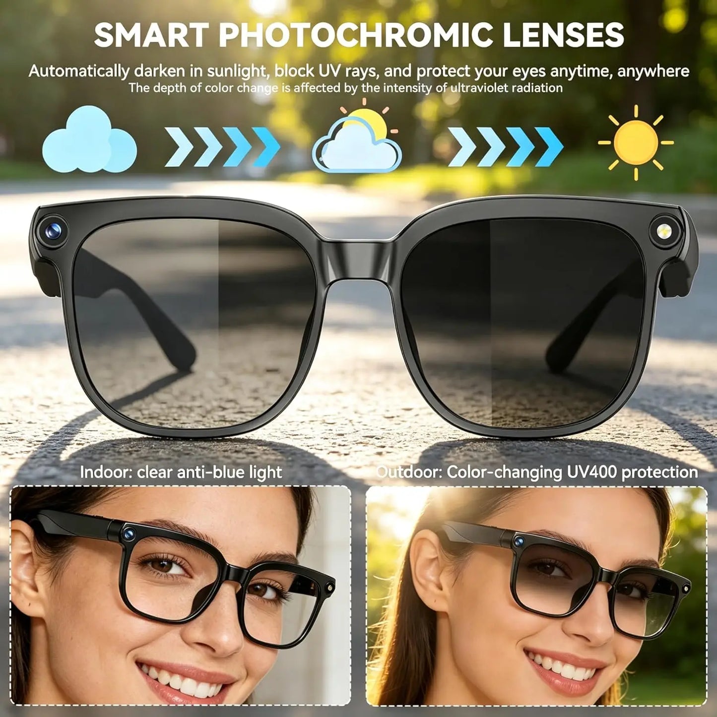 AI smart glasses with cameras, 8-megapixel camera glasses, 1080P stabilized video recording glasses, real-time translation, AI voice assistant, object recognition, men's and women's Bluetooth sunglasses (color-changing), life