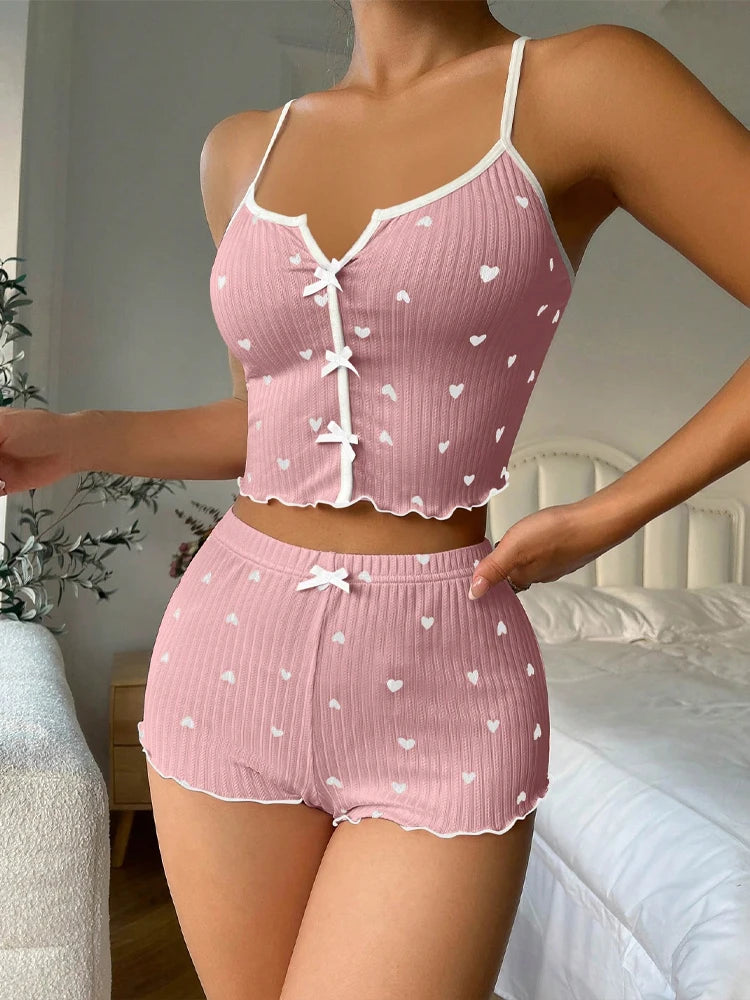 Women's Heart Print Silk Satin Pajama Set – V-Neck Sleeveless Cami Top & Shorts Loungewear | S–XL (4 Sets)