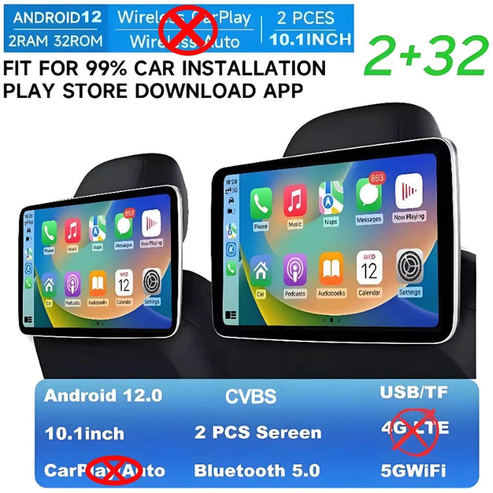 GcPaSr Android Auto CarPlay Car Screens Rear Seat Monitor For Headrest TV Screen WiFi Movie/Netflix/Youtube Online Video Player
