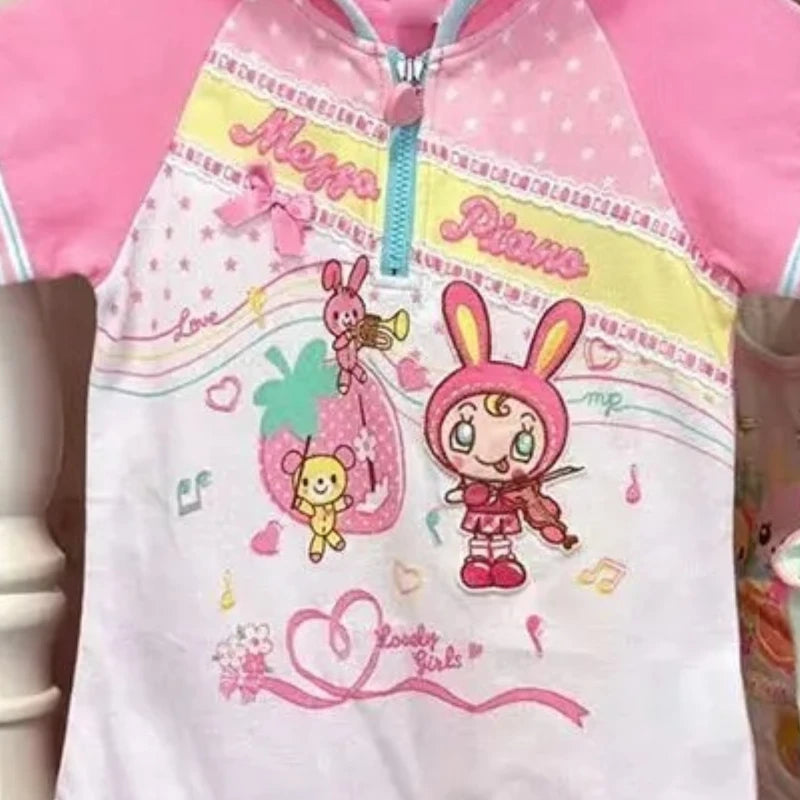 2026 Summer Japanese Kawaii Hooded T Shirts Women Y2k Hooded Short Sleeve Cartoon Print T-shirt Tops Casual Fashion Sweet Tees