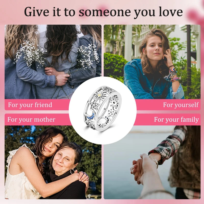 New in 925 Sterling Silver Sun and Moon Love Princess Zircon Oxide Enamel Heart Love Rings Fashion Fine Jewelry For Women Gifts