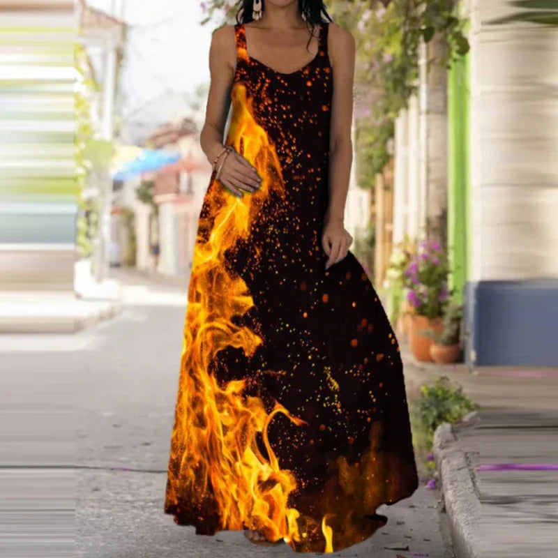 Flame Print Sleeveless Maxi Dress – Casual Summer
