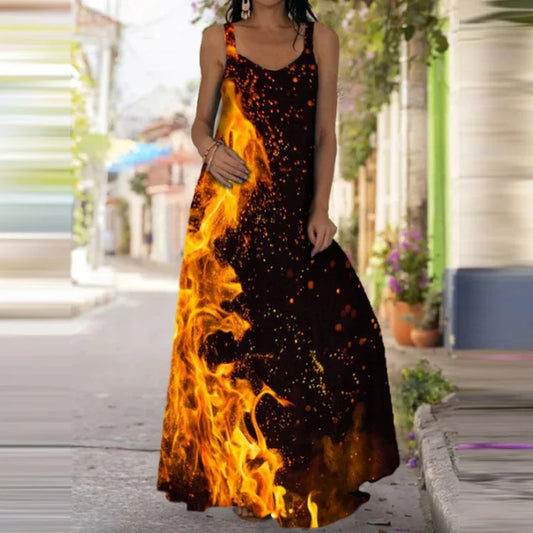 Flame Print Sleeveless Maxi Dress – Casual Summer