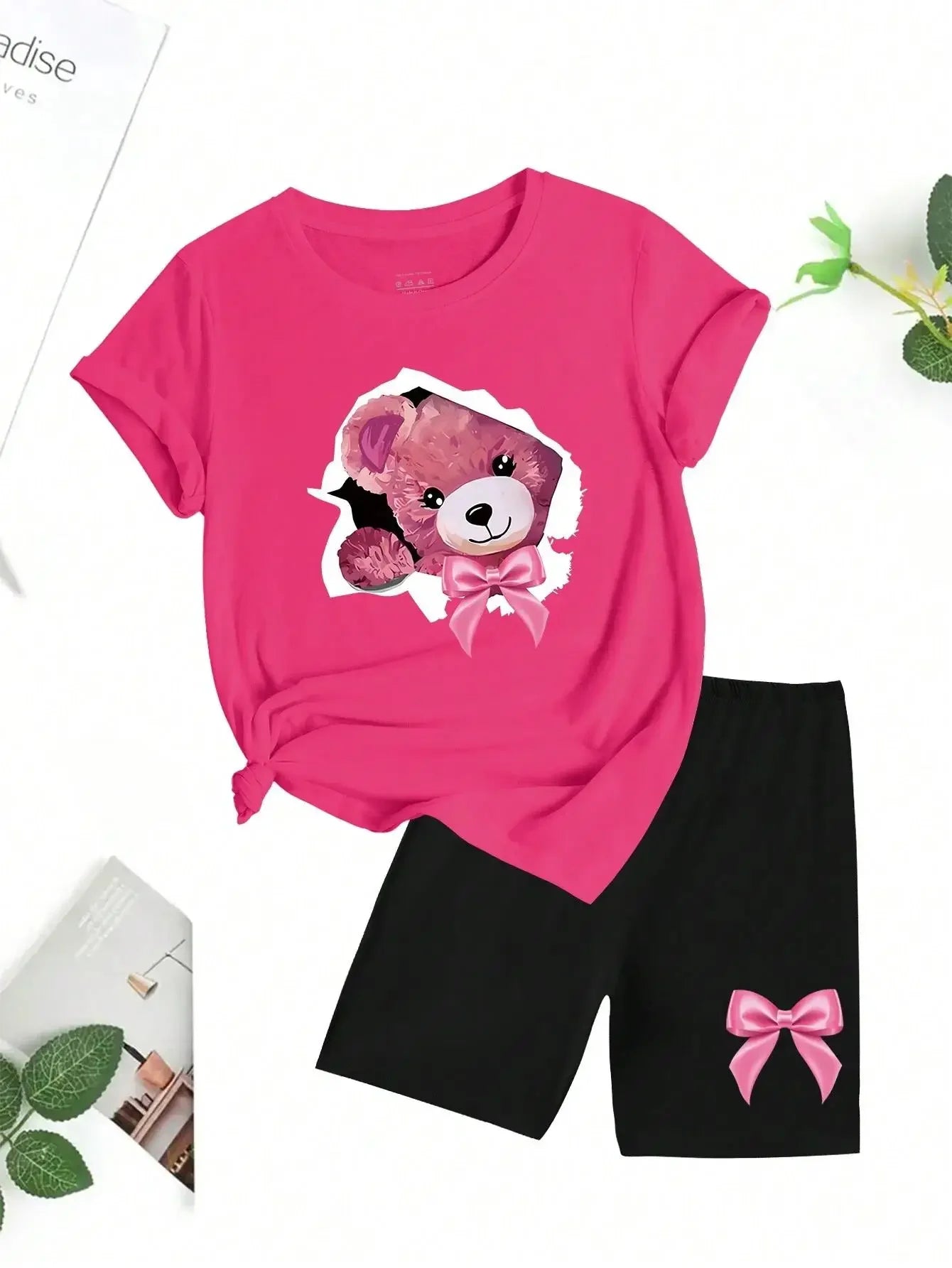 Pink Bow Broken Shell Teddy Bear T-Shirt Set Women Fashion 2 Piece Set Cool Summer Shorts Soft Fashion Short Sleeve Women Y2K to