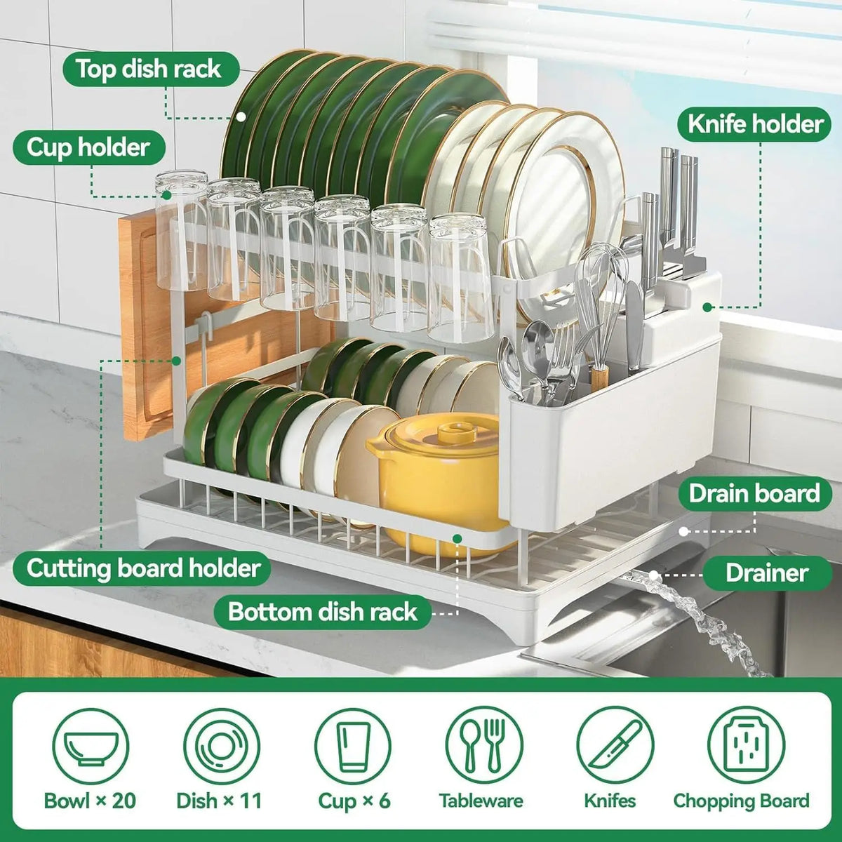 2-Tier Dish Drying Rack with Drainboard - Large Counter Organizer - photo 2