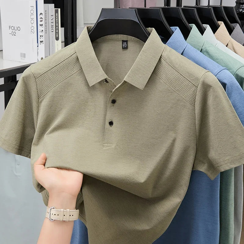 Men's Lapel Polo Tee - Perforated Shoulder, Wrinkle-Resistant