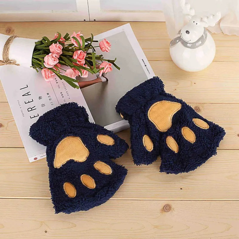Women's Cat Paw Fingerless Gloves, Plush