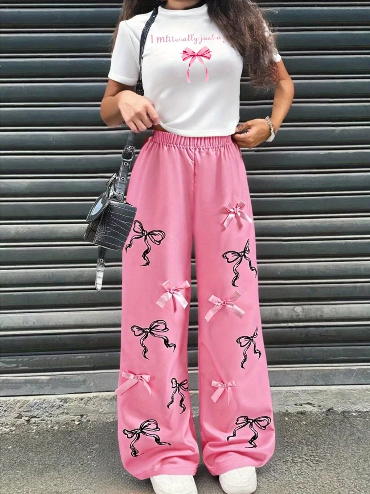 Girls' Casual Long Pants Set, Youth Girls' Letter-Print Short-Sleeve T-Shirt and Hot Pink Bow Wide-Leg Pants Casual Two-Piece Set Suitable for Children Aged 5-13, Suitable for Various Occasions