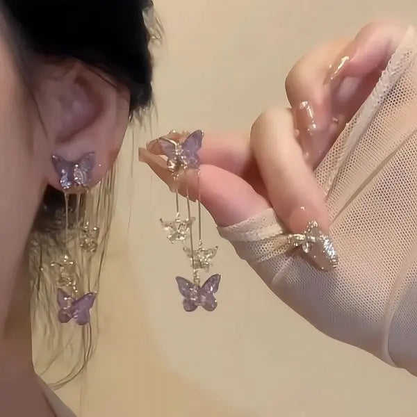 Purple Butterfly Tassel Earrings – Crystal Drop Jewelry