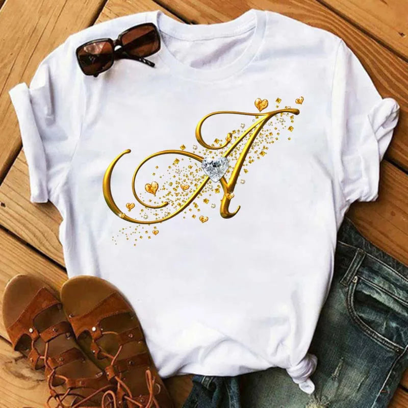 Women's Personalized Letter Graphic Tee — Gold Diamond-Font Monogram Short-Sleeve Top