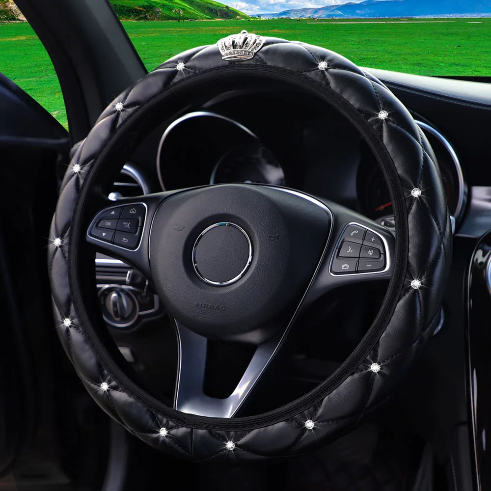 Soft leather diamond-studded crown Blingbling car without inner ring steering wheel cover suitable for 14.5 - 15 inch car access