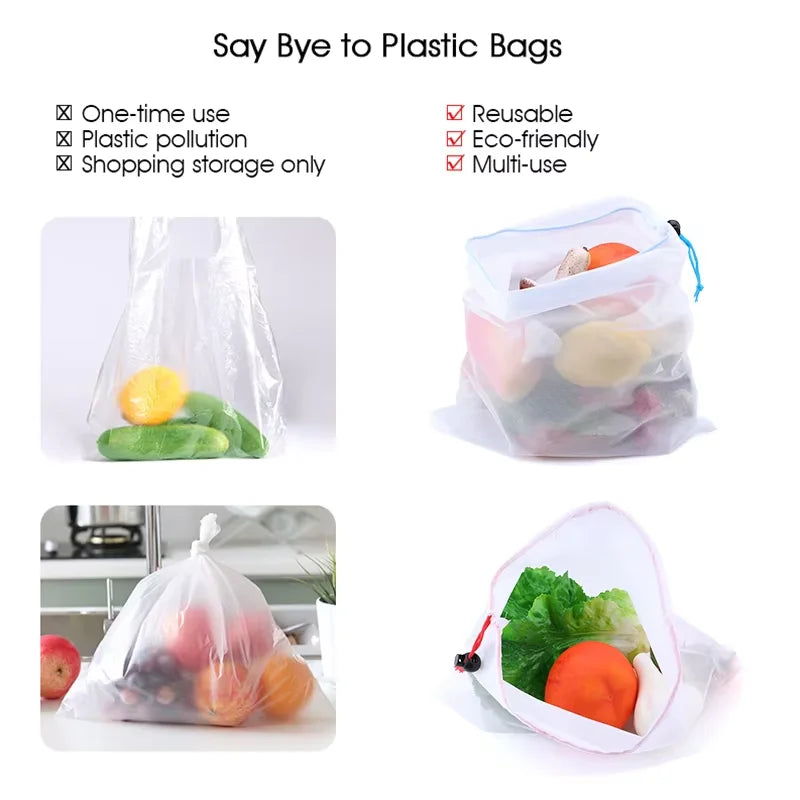 FAIS DU 5pcs Mesh Reusable Storage Bags Comes With Logo Fruit Vegetable Home Washable Bags Kitchen Storage Bags Storage Supplies