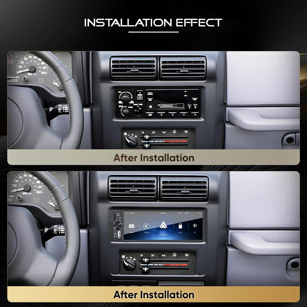6.86" 1-DIN Car Stereo with Wireless CarPlay & Android Auto — Touchscreen MP5, Bluetooth, FM/AM, USB-C