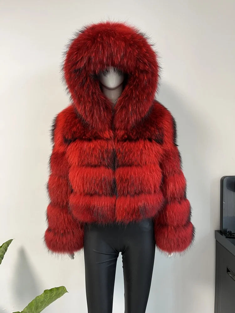 Women's Hooded Raccoon Fur Coat, Turn-Down Collar