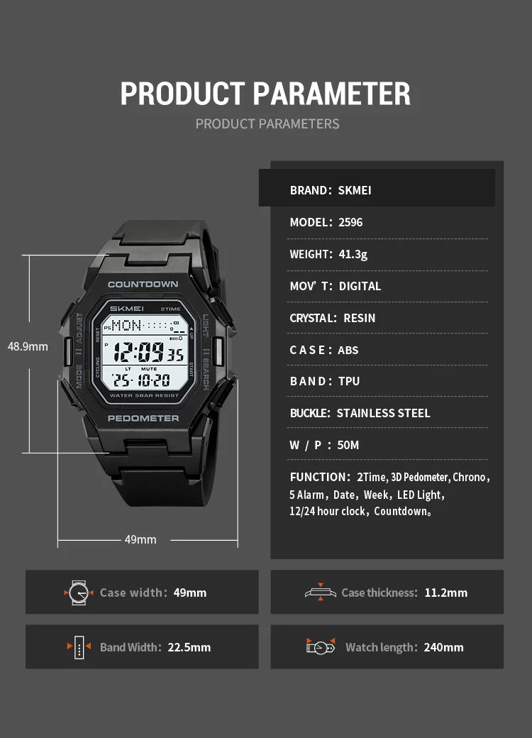 SKMEI 2596 Brand New Men Electronic Watch Fashion Alarm Clock Calendar Chronograph Luminous Digital Watches for Man reloj hombre
